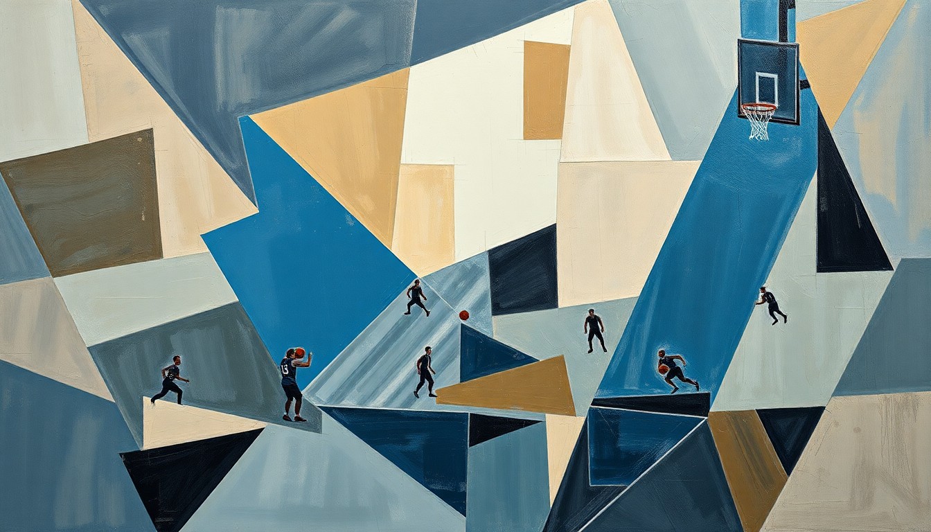 A cubist, geometric painting depicting a fragmented basketball game, with sharp, overlapping planes in muted colors representing the challenges of rebuilding a struggling program.