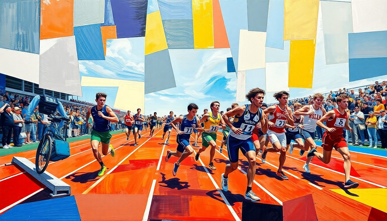 A fragmented, geometric painting depicting the motion and competition of a high school track and field event, with sharp planes of color representing the athletes and their uniforms.