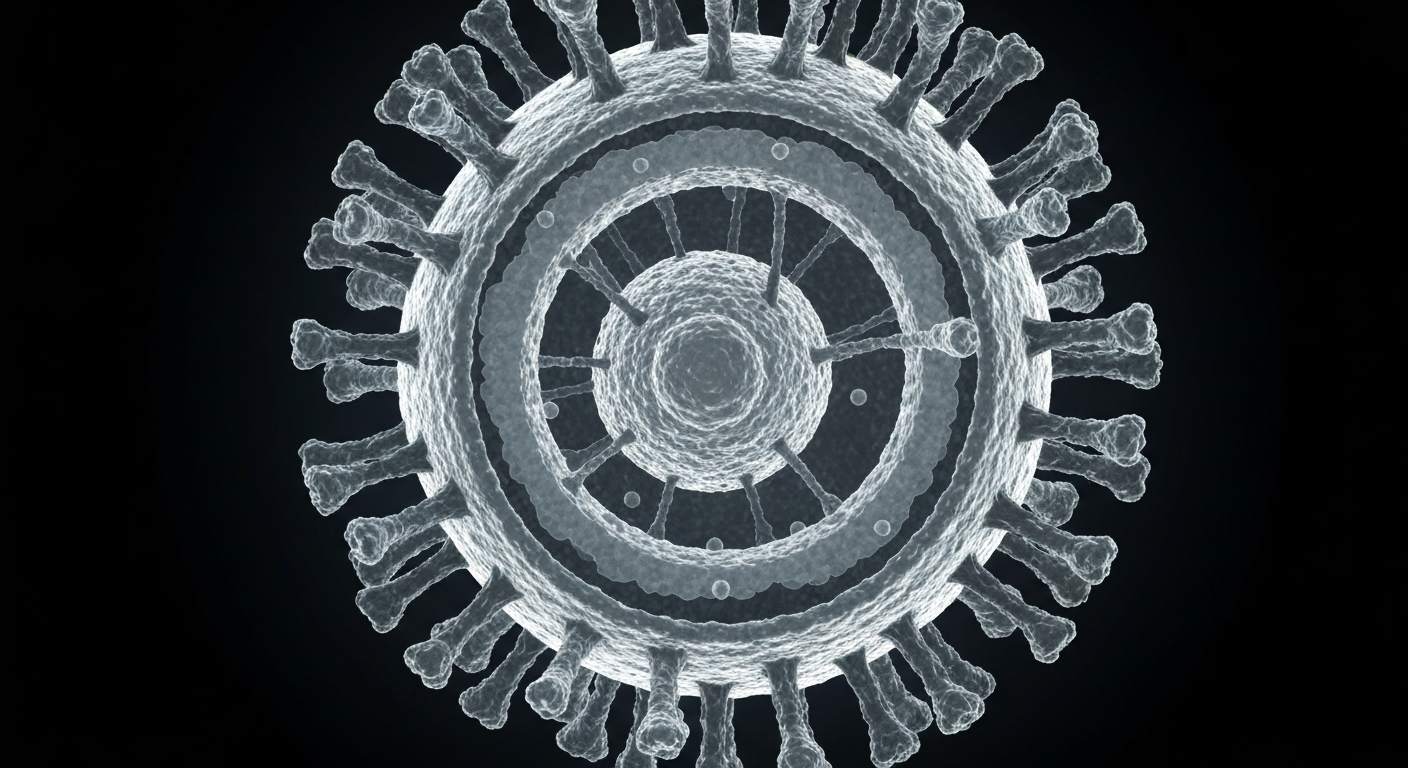 A translucent, ghostly x-ray image of a measles virus particle, its intricate structure revealed against a dark background, conveying the invisible threat of this infectious disease.