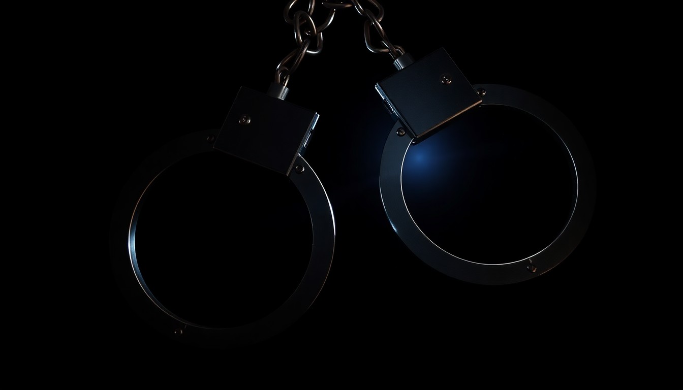 An extreme close-up photograph of a set of handcuffs against a pitch-black background, conveying a stark, gritty, and investigative aesthetic.