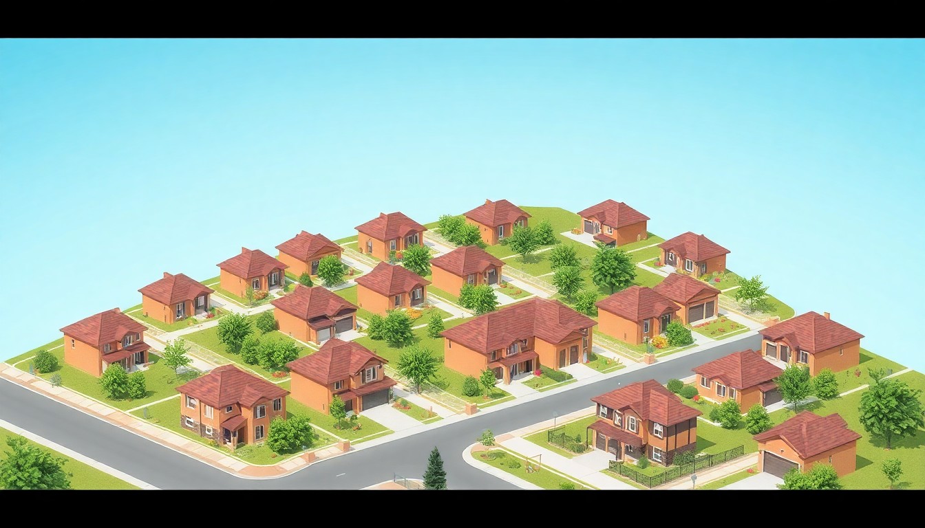 A miniature, stylized 3D digital illustration depicting a residential neighborhood with rows of new single-family homes in warm earth tones, surrounded by lush greenery and a clear blue sky, conceptually representing the new Richmond American communities in Victorville.