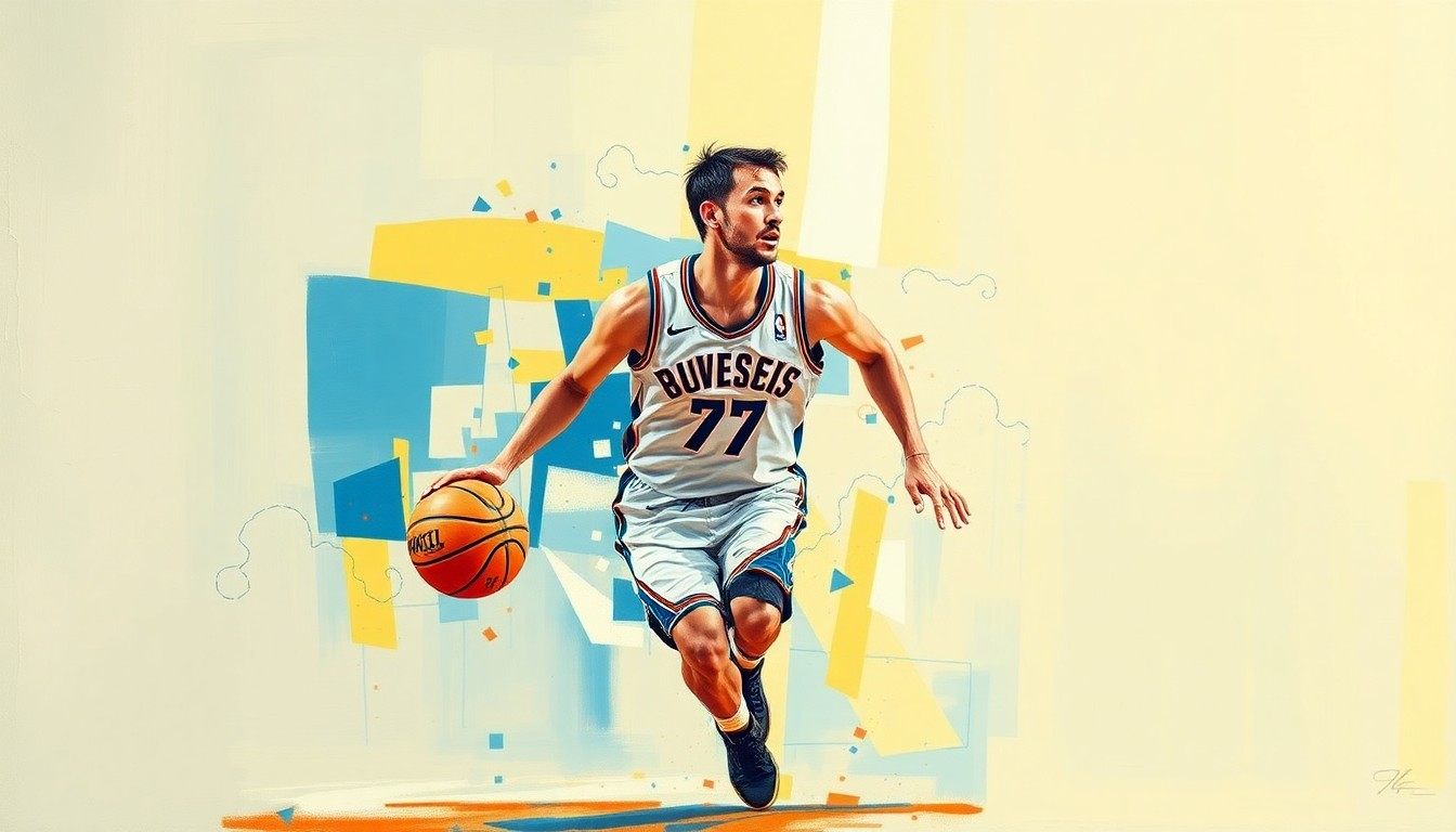 A cubist, geometric painting depicting a basketball player in motion, with sharp, overlapping planes of color and form representing the dynamic energy of the sport.