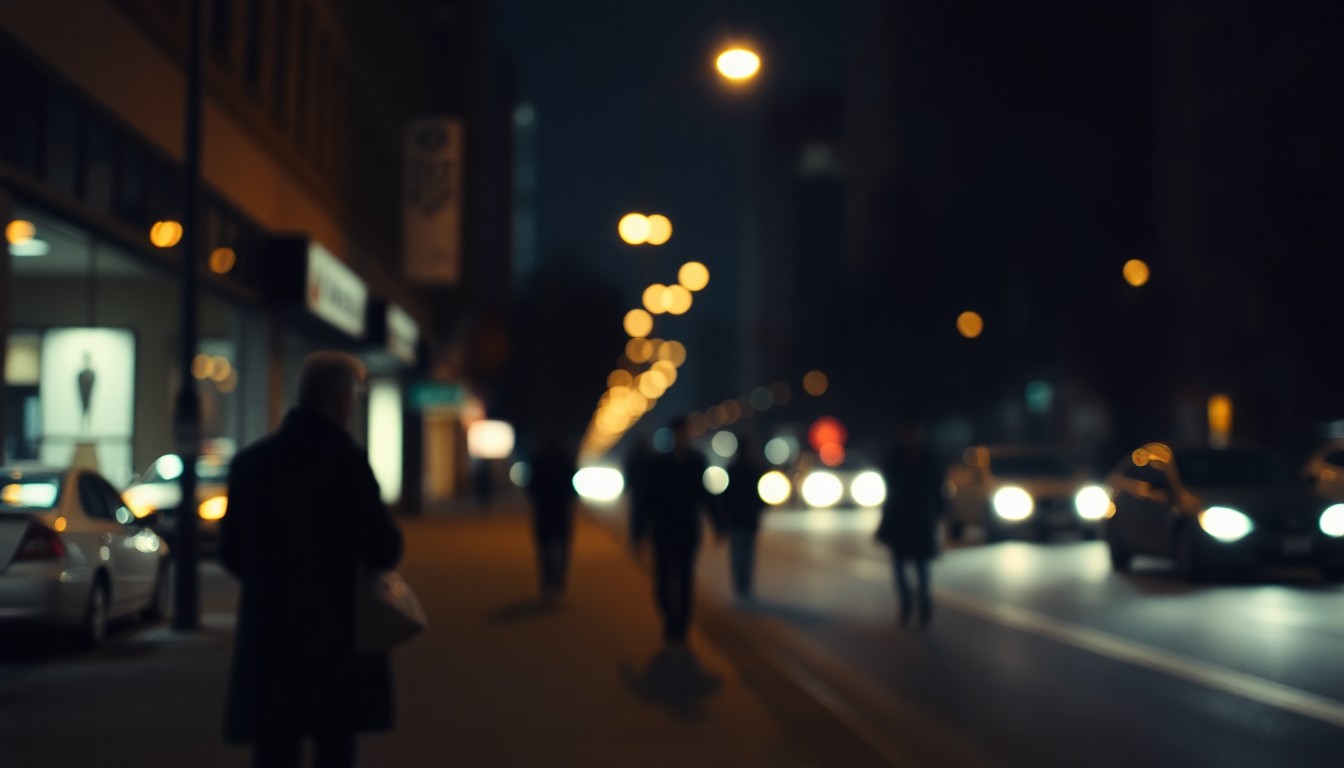 An abstract, out-of-focus photograph of a city street at night, with blurred streetlights and silhouettes of people walking, conveying a sense of urban isolation and the challenges of homelessness through a warm, muted color palette.