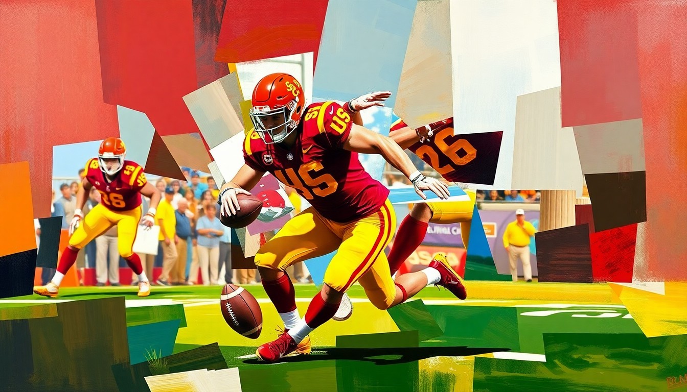 A fragmented, geometric painting depicting a USC football player making a play on the ball, with sharp planes of cardinal and gold colors representing the team's uniform.