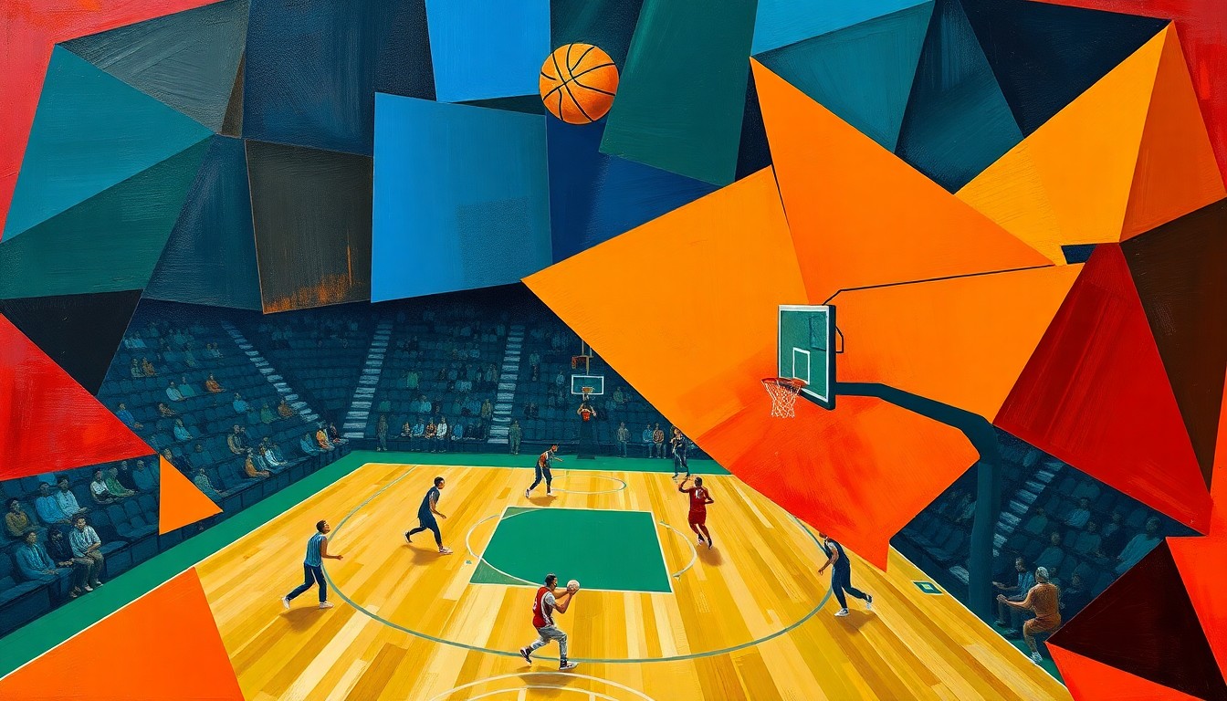 A cubist-style painting featuring fragmented, geometric shapes in shades of orange, blue, and green, representing the dynamic nature of a basketball game and the changes happening within the USU Eastern men's basketball program.