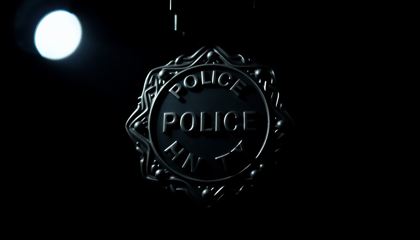 An extreme close-up photograph of a police badge or other law enforcement equipment, lit by a harsh, direct camera flash against a pitch-black background, creating a stark, gritty, investigative aesthetic.