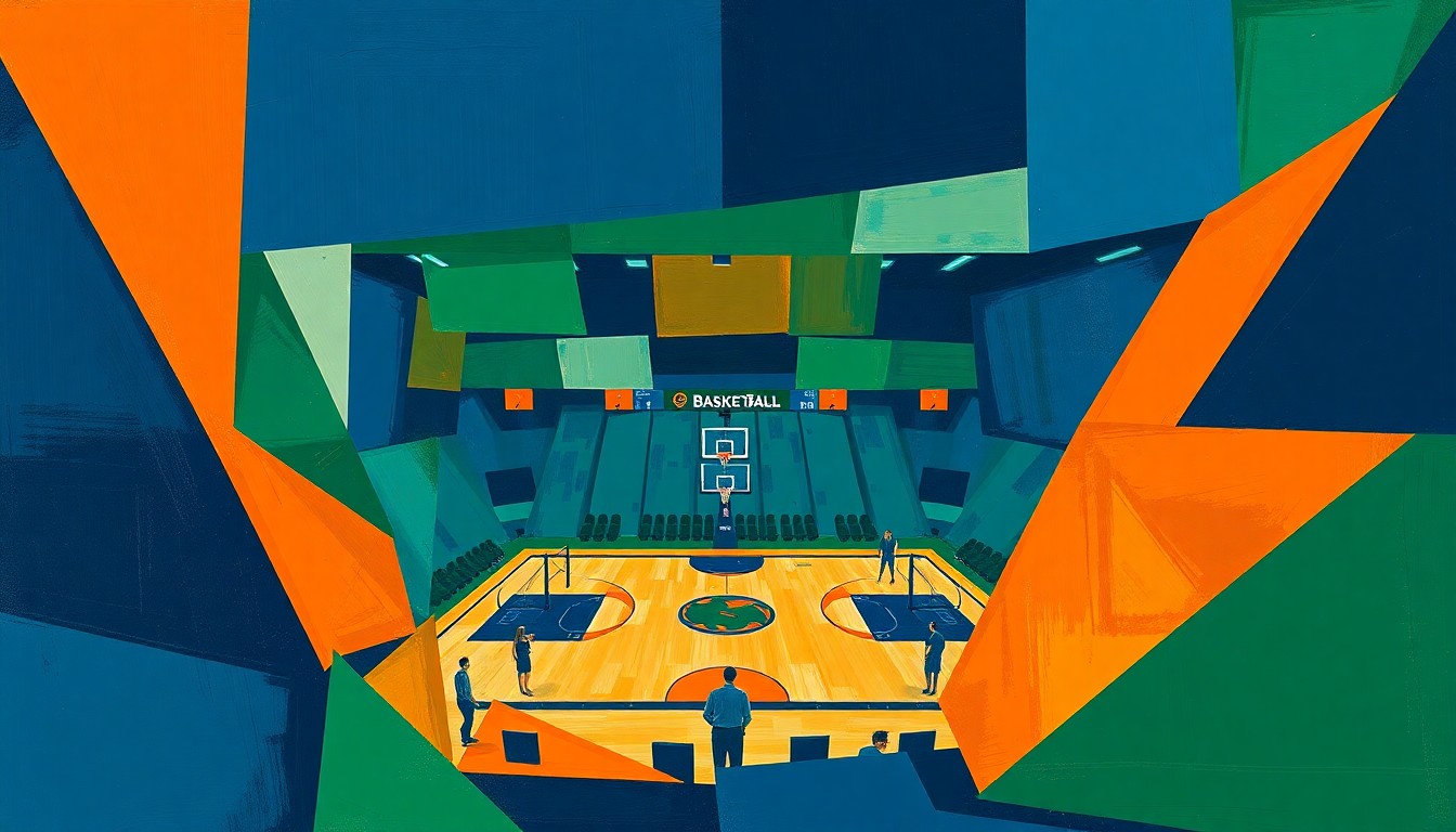 A fractured, geometric painting in shades of navy, green, and orange, breaking down a college basketball game into sharp, overlapping planes, conveying the intensity and risks of the sport.