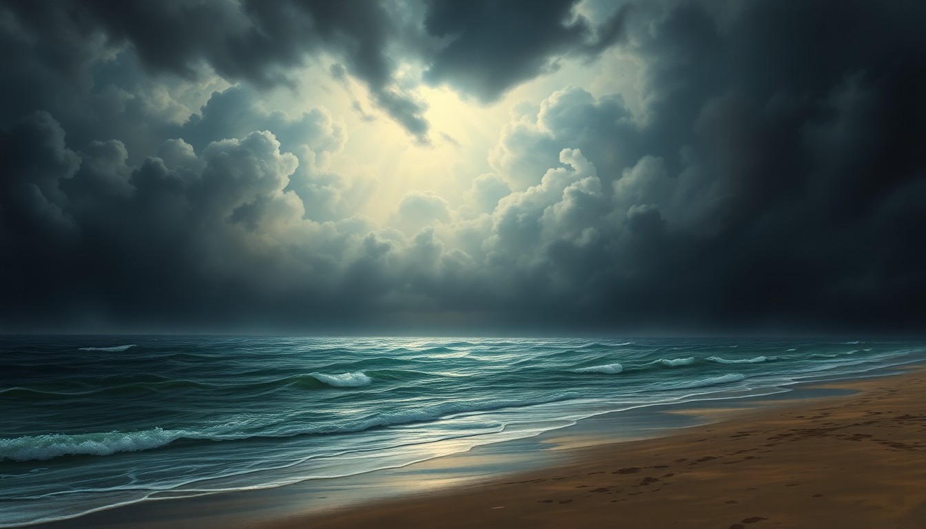 A sweeping, atmospheric landscape painting depicting a stormy coastal scene in Indian Shores, Florida. Dark clouds and heavy rain obscure the horizon, creating a sense of foreboding and the power of nature.