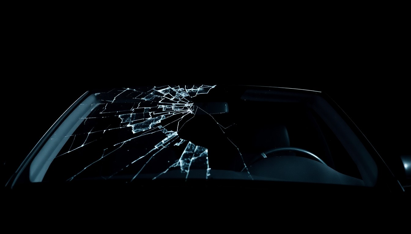 An extreme close-up photograph of a cracked car windshield, capturing the dramatic texture and material details of the shattered glass in stark, dramatic lighting, conceptually representing the aftermath of a serious accident.