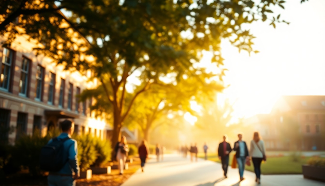 An abstract, impressionistic photograph of a university campus scene, with blurred figures moving through a warm, golden-hued landscape of trees and buildings.