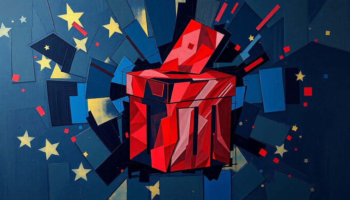 A dynamic, abstract painting featuring a fractured, geometric representation of a political symbol in overlapping waves of bold, contrasting colors, conveying the high-stakes and chaotic nature of campaign finance issues.