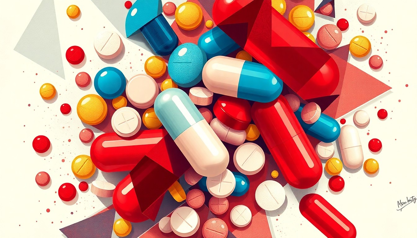 A vibrant, abstract painting of overlapping, fractured shapes in shades of red, blue, and gold, representing the chaotic impact of new pharmaceutical tariffs.