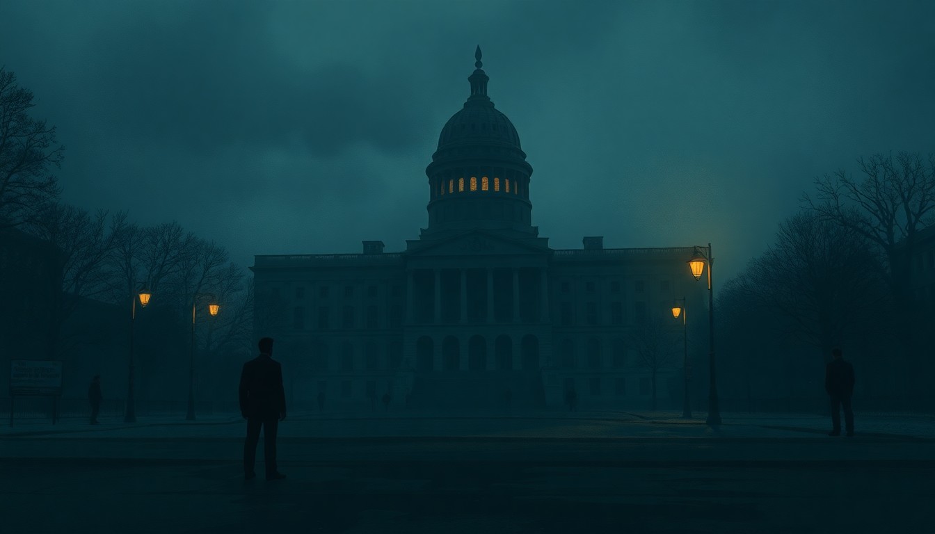 A cinematic painting of a solitary figure standing in the shadows of a government building, the faint glow of streetlights casting long shadows across the scene, evoking a sense of political unease and uncertainty.
