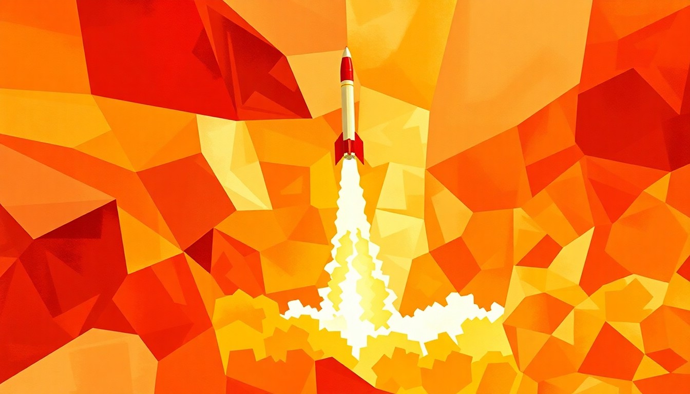 A dynamic, abstract painting featuring overlapping, fractured geometric shapes in shades of red, orange, and yellow, conceptually representing the power and motion of a missile launch.