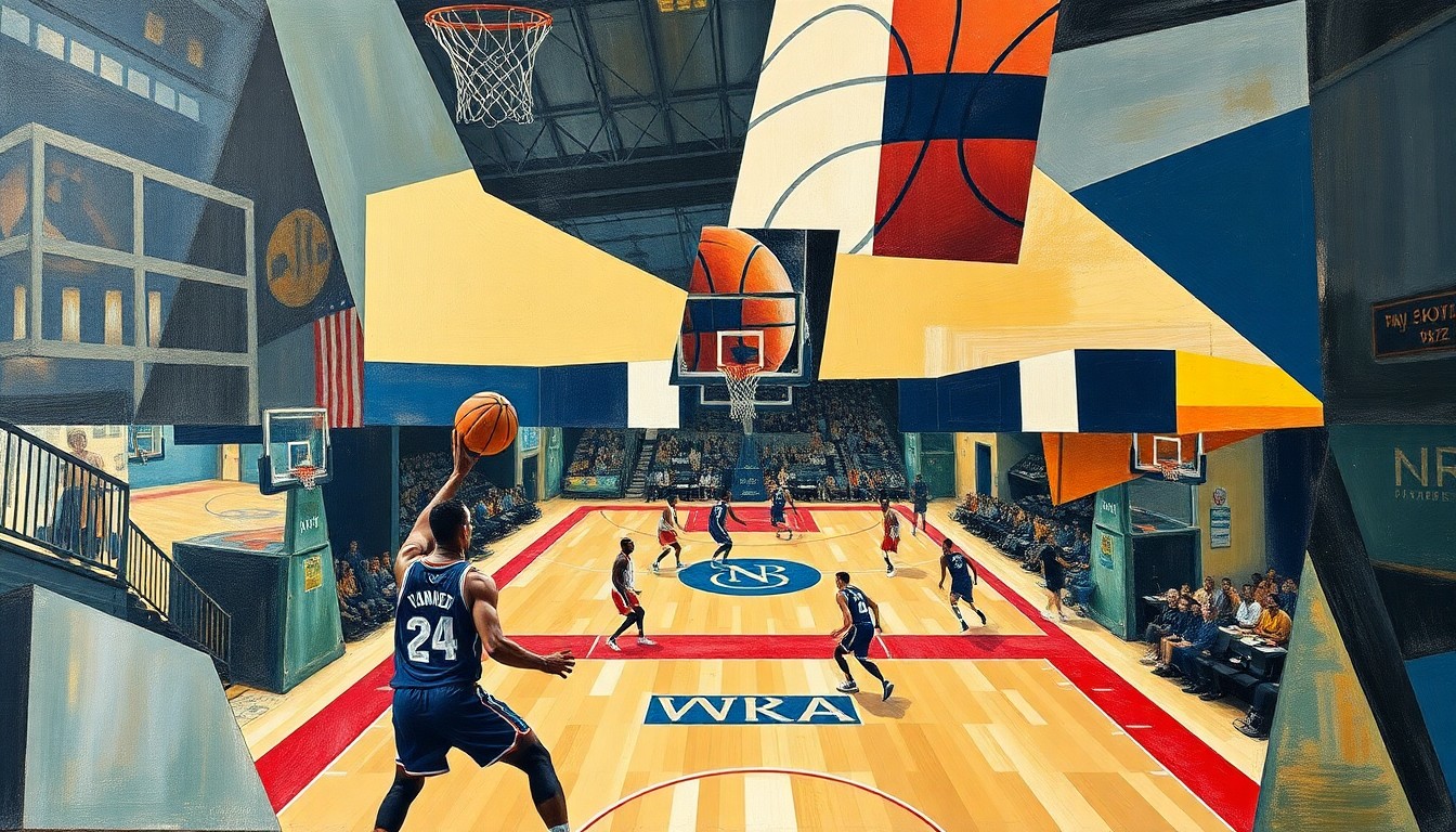 A cubist, geometric painting depicting a basketball game or match, with sharp, overlapping planes of color and form, capturing the energy and movement of the sport in an abstract, deconstructed style.