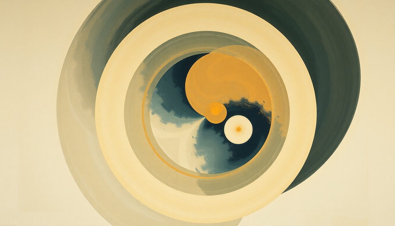 A bold, abstract painting in earthy tones of ochre, sage, and indigo, featuring sweeping geometric arcs, concentric circles, and precise spirals, conceptually representing the complex forces and structures behind the Artemis II mission to the Moon.