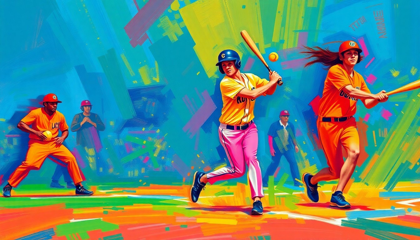 An abstract, expressionist painting in neon colors depicting the dynamic motion and energy of a softball game, with players' forms dissolved into vibrant brushstrokes.