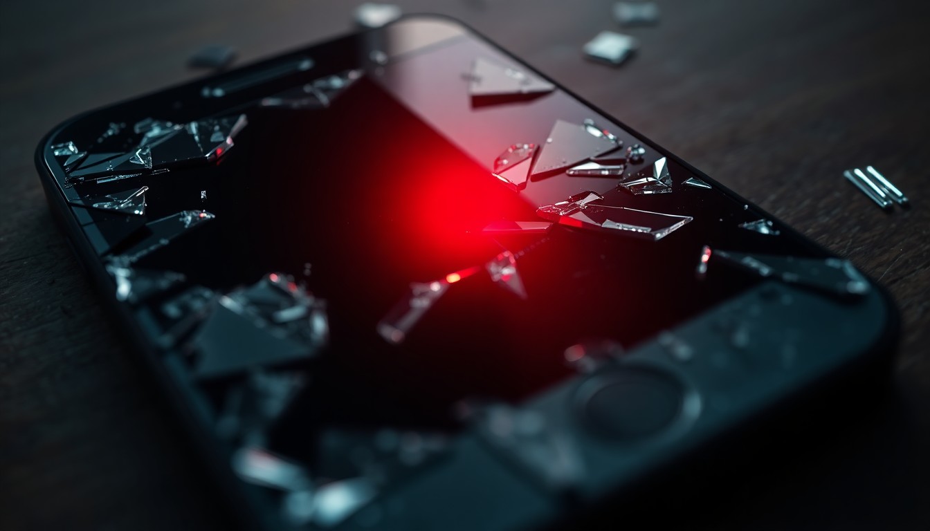 An extreme close-up of a shattered smartphone screen reflecting a faint red light, conceptually representing the violent aftermath of a robbery in the music industry.