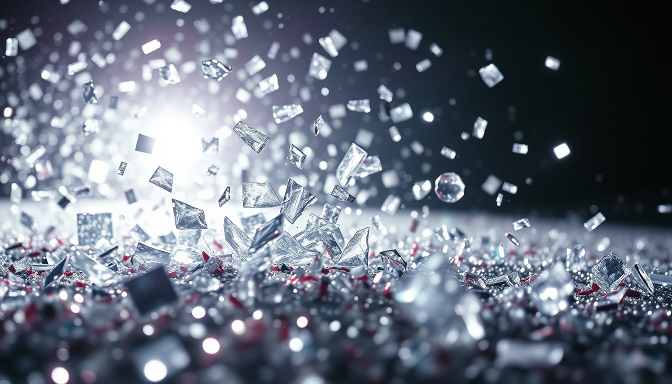 An abstract close-up image featuring shattered glass and glittering sequins in high-contrast studio lighting, conveying a sense of glamour and chaos associated with celebrity culture.