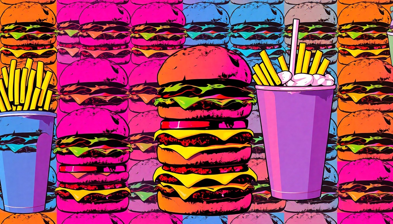 A brightly colored, high-contrast silkscreen print of various classic American diner items like hamburgers, french fries, and a milkshake, repeated in a tight grid pattern to create a modern pop art representation of the local restaurant scene.
