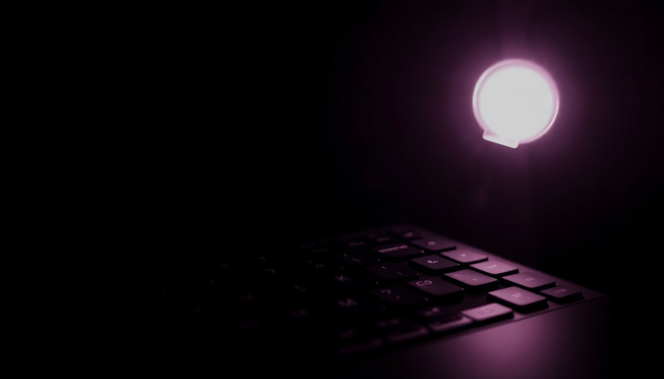 An extreme close-up photograph of a computer keyboard, with only the keys visible and lit by a harsh, direct camera flash against a pitch-black background, creating a gritty, investigative aesthetic to represent the digital nature of cybercrime.