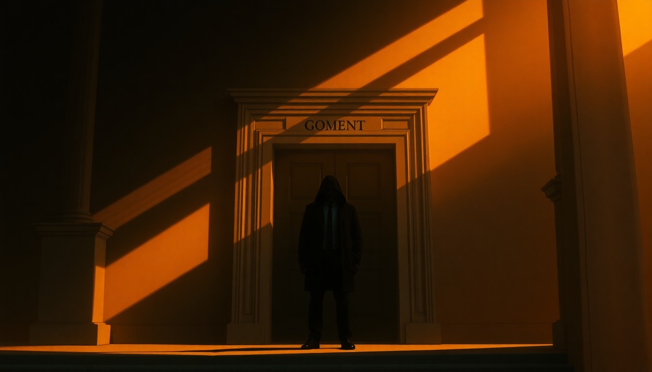 A cinematic painting of a lone figure standing in the doorway of a government building, the figure's face obscured in shadow as the building is bathed in warm, diagonal sunlight and deep shadows, creating a sense of mystery and unease around the political transition.