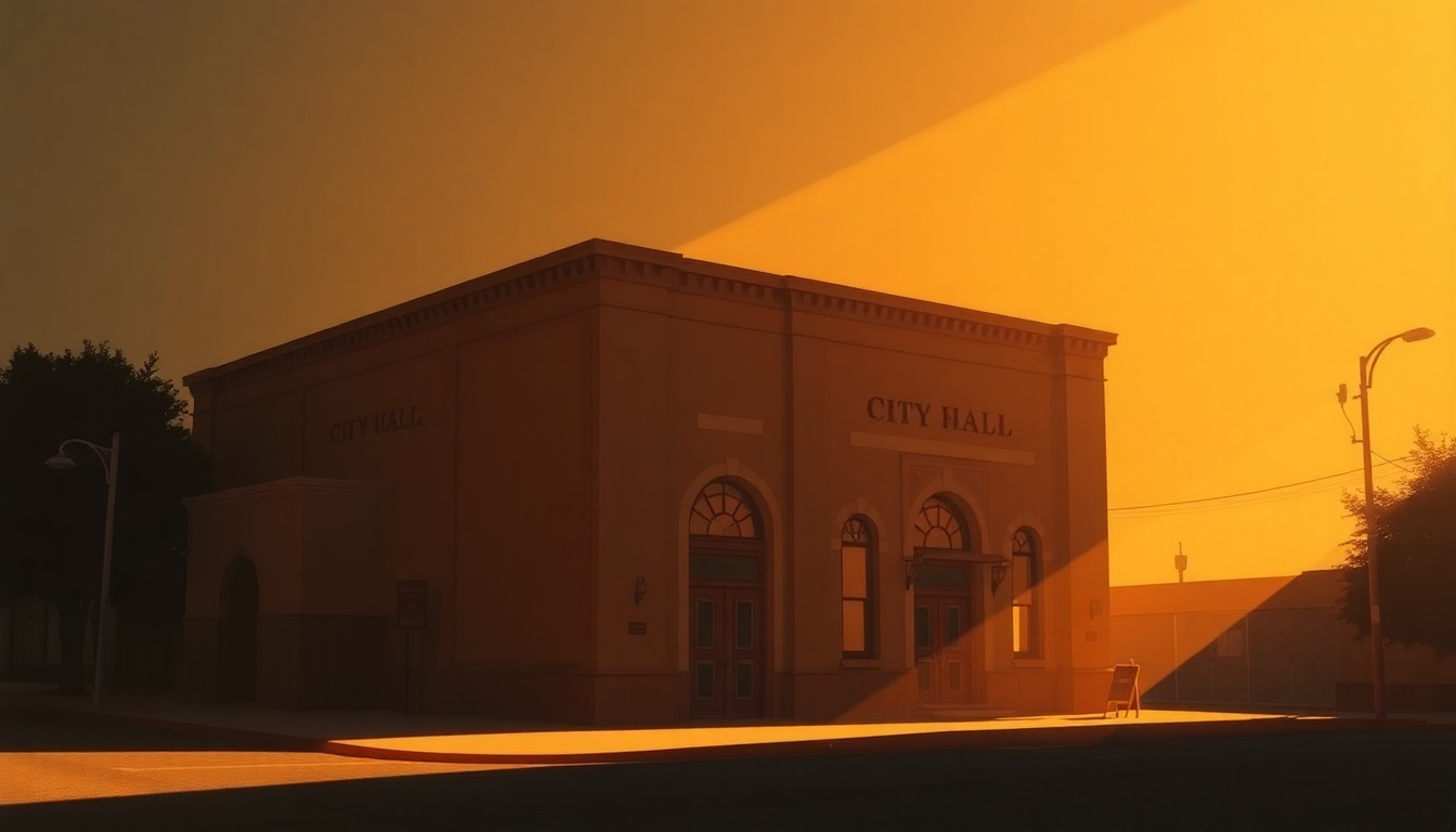 A serene, painterly depiction of the Santa Rosa City Hall building, its facade and windows bathed in warm, golden light and deep shadows, conveying a sense of civic contemplation and financial uncertainty.