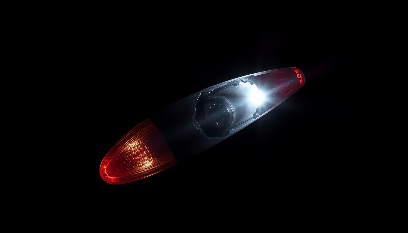 An extreme close-up photograph of a damaged motorcycle part, such as a broken mirror or shattered taillight, lit by a harsh, direct camera flash against a pitch-black background, conceptually illustrating the aftermath of a high-speed motorcycle collision.