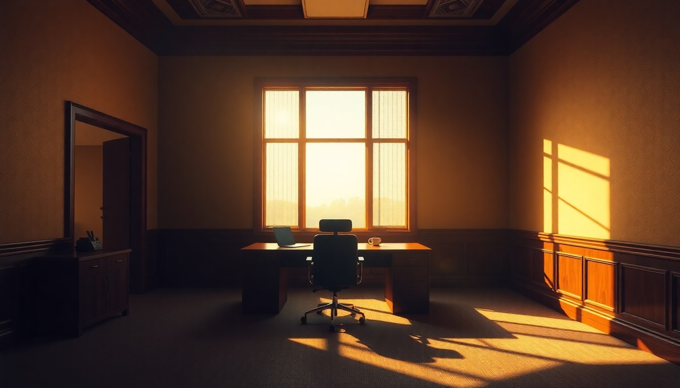 A dimly lit, cinematic office space with a single chair and desk, conveying a sense of solitude and the weight of unspoken trauma.