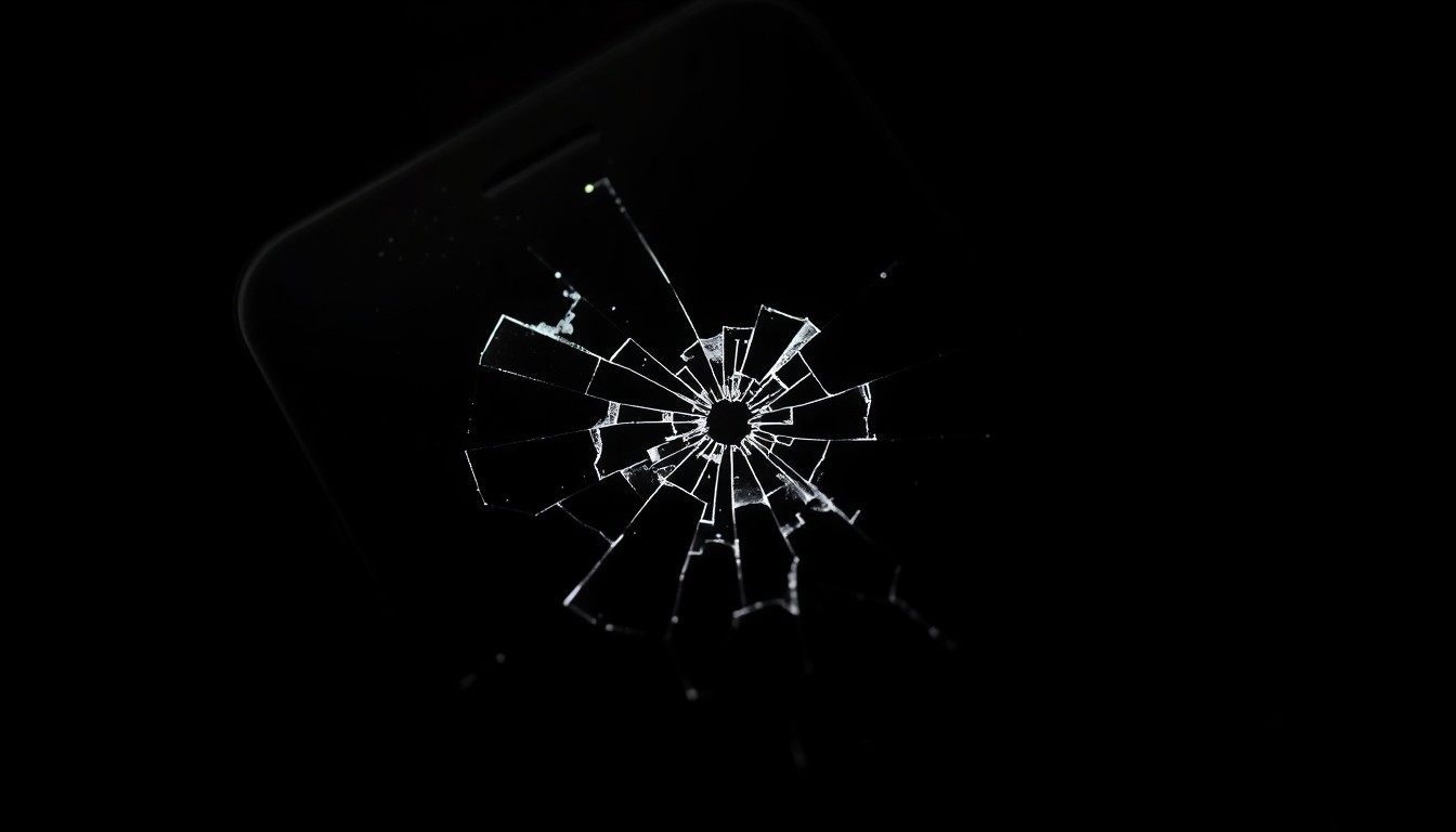 An extreme close-up of a shattered cell phone screen, the damaged glass and jagged edges conveying the disruption and danger of a texting scam threatening drivers with arrest over fake traffic fines.