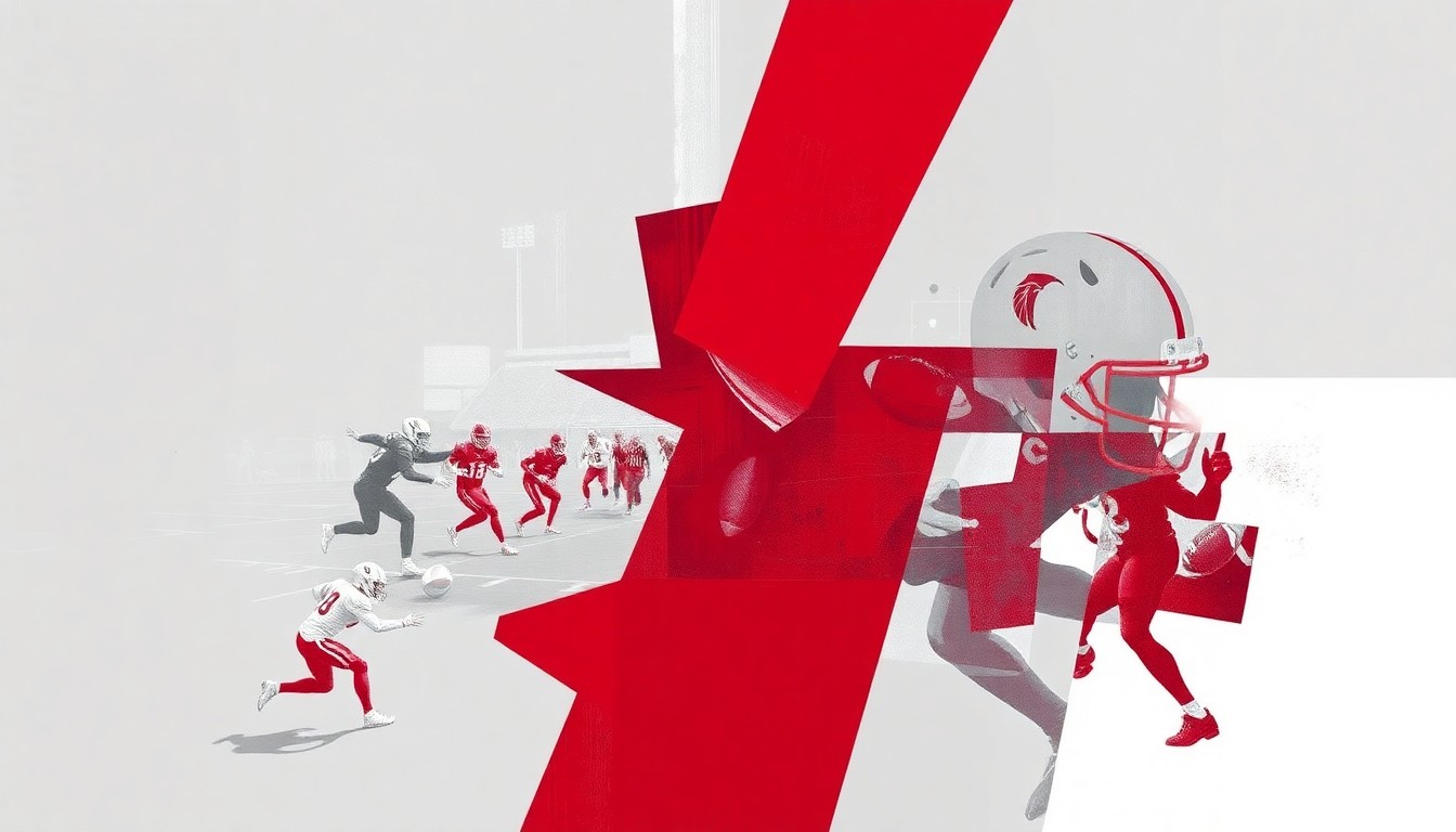 A cubist, geometric painting depicting a fragmented football field and players, rendered in the crimson red and gray colors of the Washington State Cougars, capturing the dynamic energy of the team's practice session.