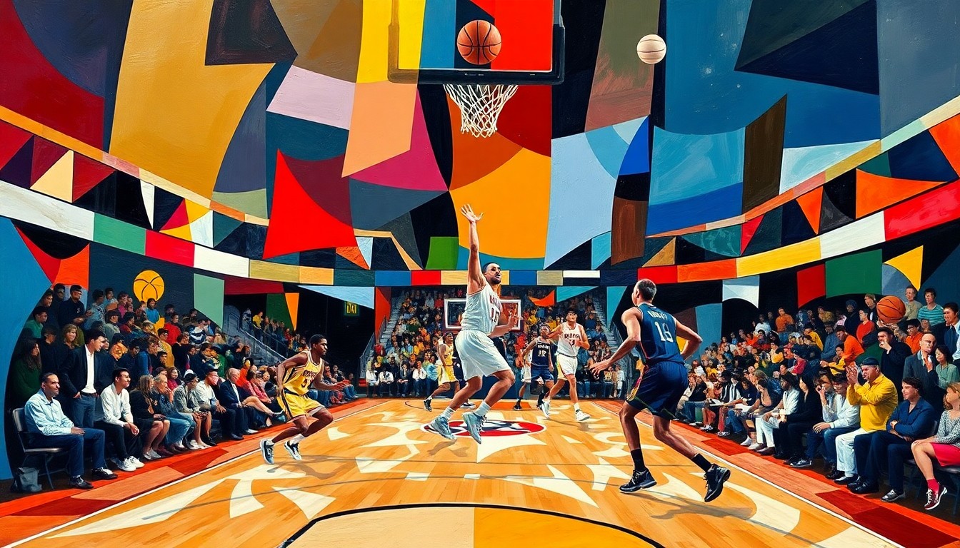 A cubist, geometric painting depicting a basketball game, with the players' figures broken down into colorful, angular shapes and the court and crowd dissolving into a dynamic, multi-perspective composition.