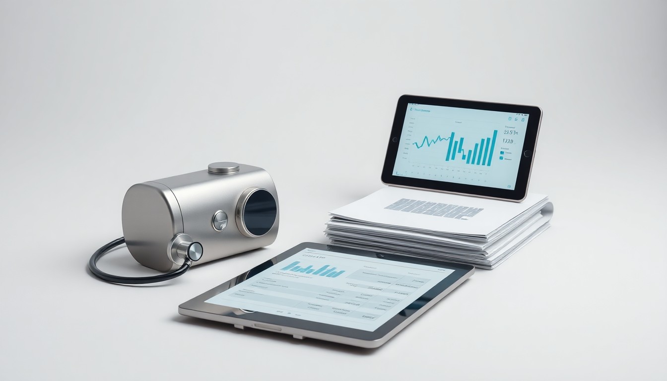 A high-end, photorealistic studio still-life photograph featuring a polished metal medical device, a tablet displaying financial charts, and a stack of documents, all arranged elegantly on a clean, monochromatic background to represent the business of healthcare technology.