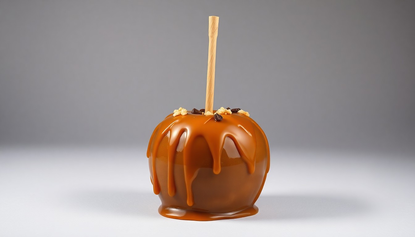 A photorealistic studio still-life photograph of a single large gourmet caramel apple with a thick, glossy caramel coating and decorative toppings, placed on a clean, monochromatic background and highlighted by dramatic studio lighting, conceptually representing the premium quality and craftsmanship of The Apple Gal's desserts.