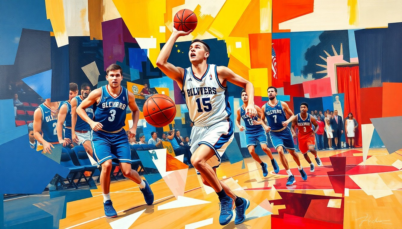 A fragmented, geometric painting depicting the dynamic movements and intensity of a college basketball player in action, with sharp planes of bright team colors and an abstract, deconstructed style.