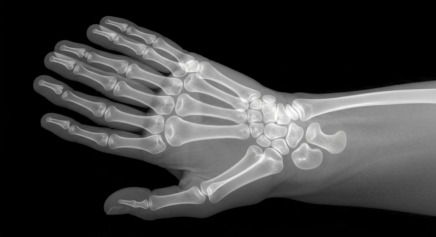 An extreme close-up X-ray photograph revealing the delicate bone structure and veins of an elderly person's hand, conceptually representing the fragility and vulnerability of seniors losing their healthcare coverage.