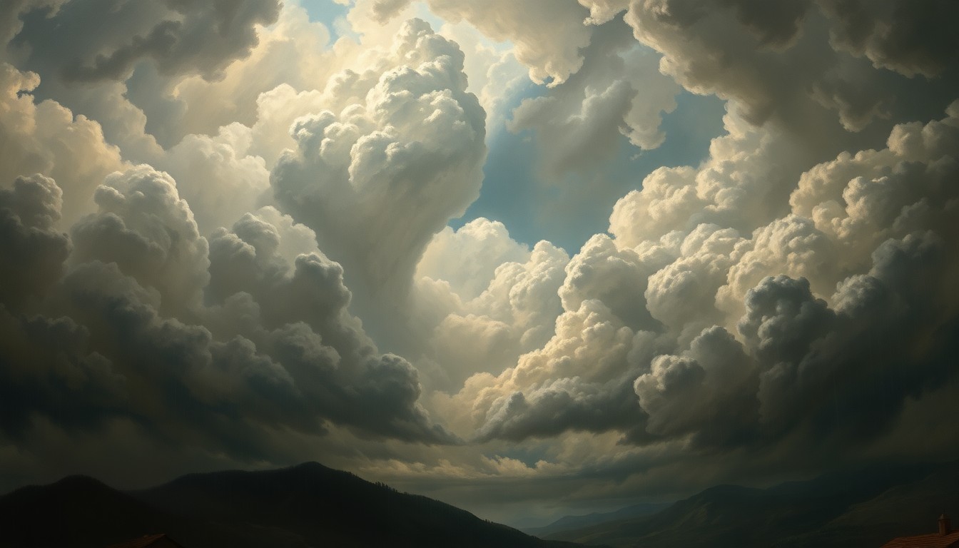 A dramatic landscape painting in muted tones of gray, blue, and green, with a turbulent sky filled with swirling clouds and heavy rain obscuring the horizon, conveying the overwhelming power of a severe storm system.