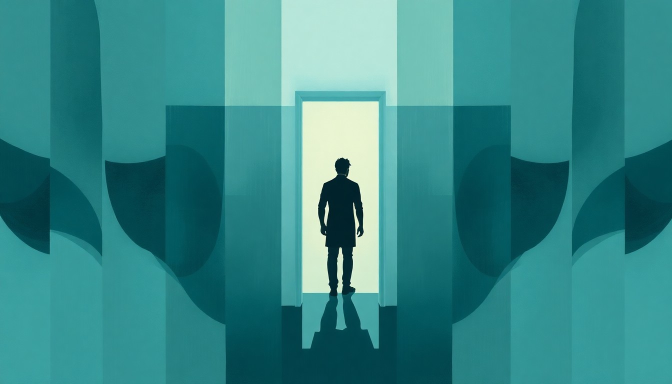 A fragmented, abstract painting of a person's shadowy figure entering a bathroom door, repeated in overlapping geometric shapes in a color palette of muted blues, grays, and greens, conceptually representing the divisive political issue.