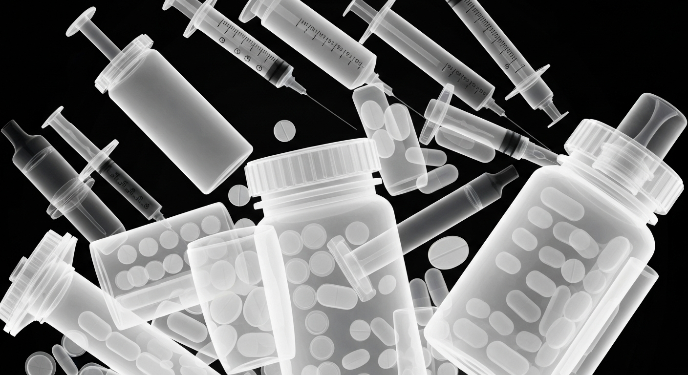 An extreme close-up X-ray photograph showing the translucent, ghostly outlines of prescription pill bottles, syringes, and vaping devices against a dark background, conceptually illustrating the safe disposal of unwanted medications.