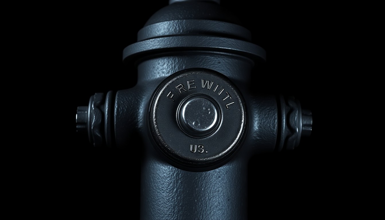 An extreme close-up photograph of a fire hydrant against a pitch-black background, the harsh lighting creating a stark, gritty, investigative aesthetic that conceptually represents the sudden loss of a critical public safety resource.