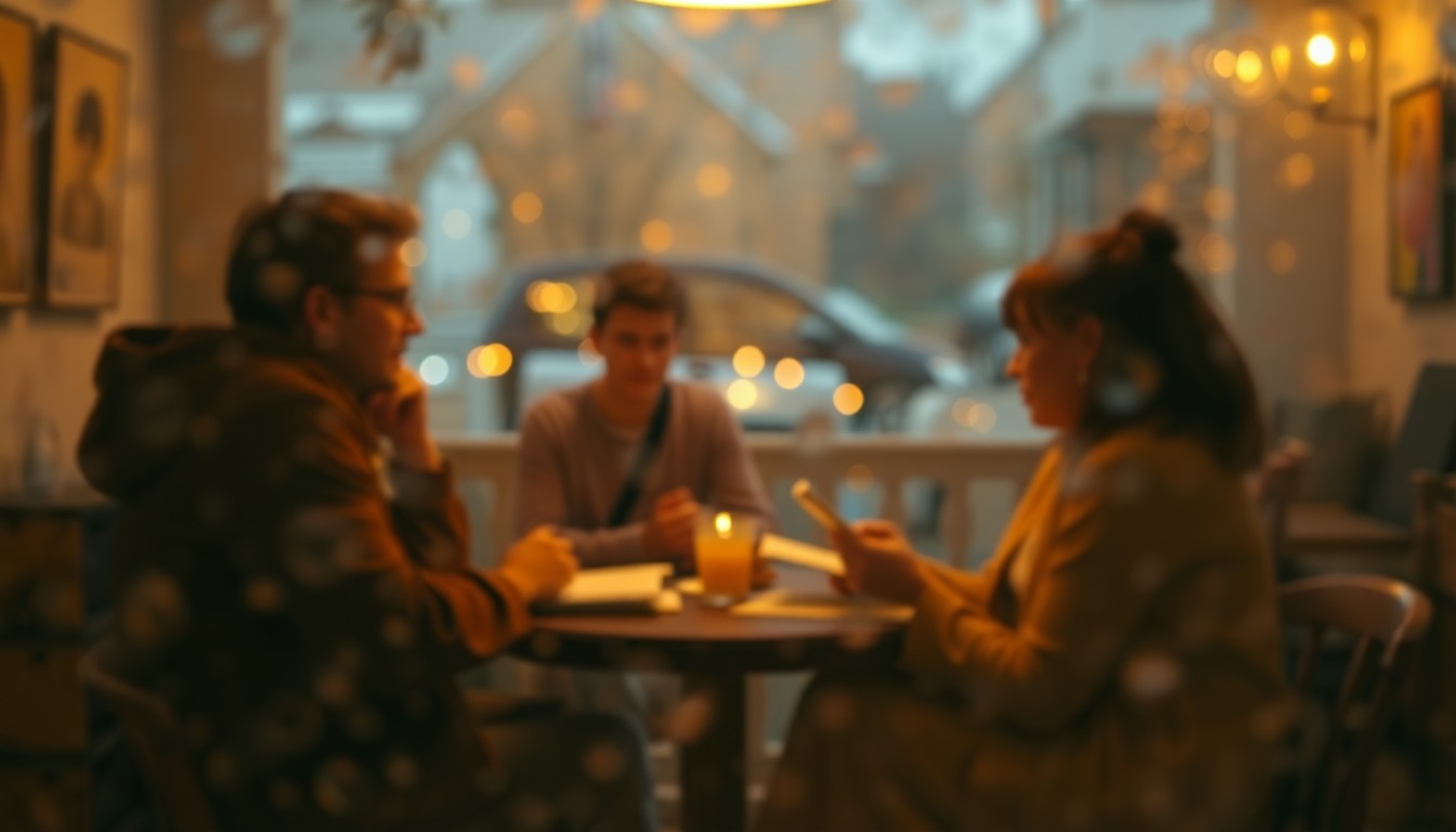 An abstract, out-of-focus scene of people gathered together, engaged in conversation and the sharing of poetry, with soft, warm pools of color and light creating an intimate, cozy atmosphere.