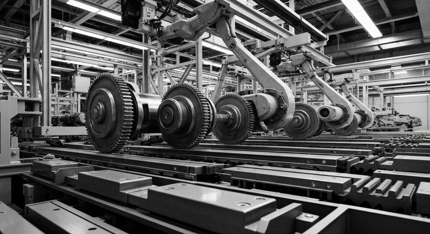A high-contrast, close-up view of Tesla's industrial assembly line machinery, including gears, conveyor belts, and robotic arms, conveying the company's manufacturing prowess and the complex operational challenges it faces.