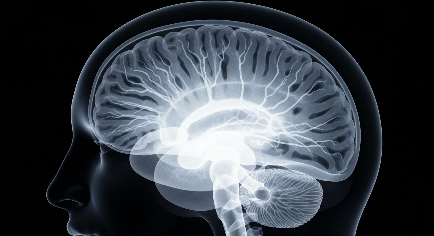 A ghostly, translucent X-ray photograph revealing the intricate neural pathways of the human brain, glowing against a dark background, conceptually representing the complex inner workings of the autistic mind.