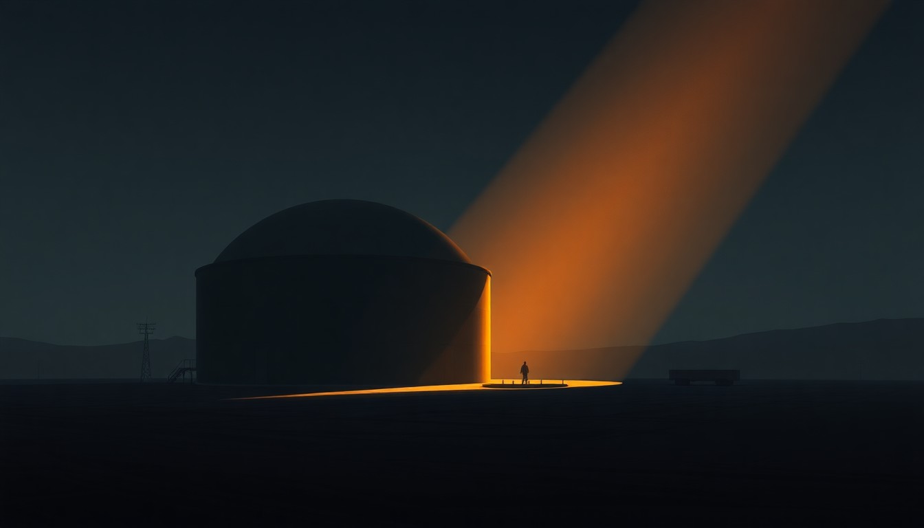 A photorealistic painting of a lone military missile silo or weapons depot in a desolate urban setting, with the structure bathed in warm, diagonal sunlight and deep shadows, conceptually representing the obscurity and uncertainty surrounding true weapons stockpile figures.