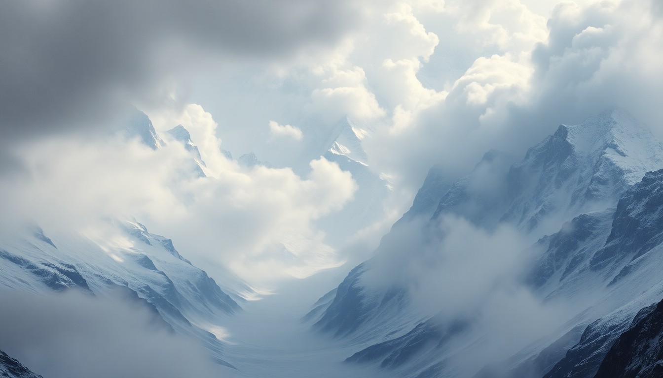 A sweeping, atmospheric landscape painting in muted tones of gray, white, and blue, depicting a snow-covered mountain range shrouded in heavy clouds and mist, conveying the overwhelming scale and power of the natural world.