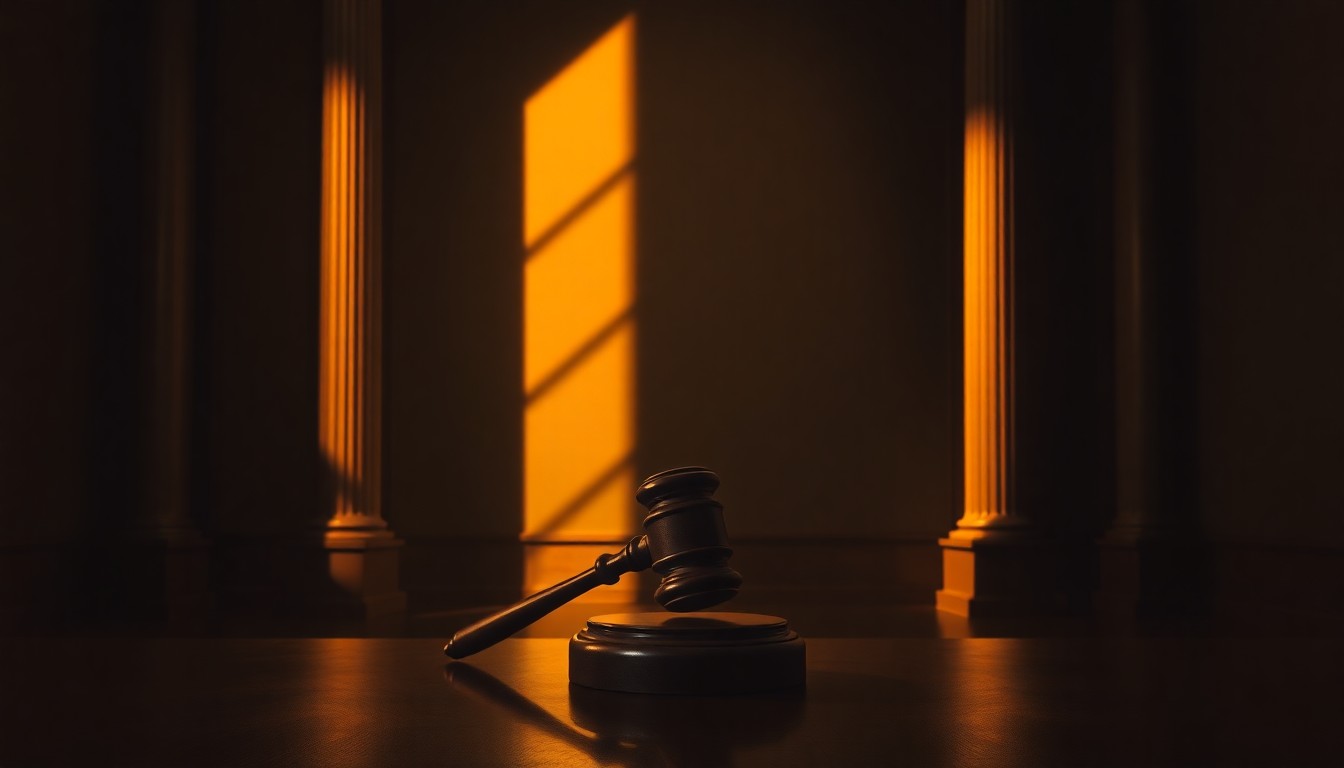 A dimly lit, cinematic painting of an empty courtroom, with a single judge's gavel sitting on a wooden table, casting long shadows across the room. The scene conveys a sense of solemnity and unease, reflecting the concerns over the politicization of the Justice Department.