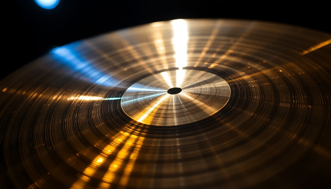 An extreme close-up photograph of a shiny, metallic drum cymbal reflecting dramatic, high-contrast studio lighting, capturing the luxurious, glamorous texture of the instrument in an abstract, high-fashion style.