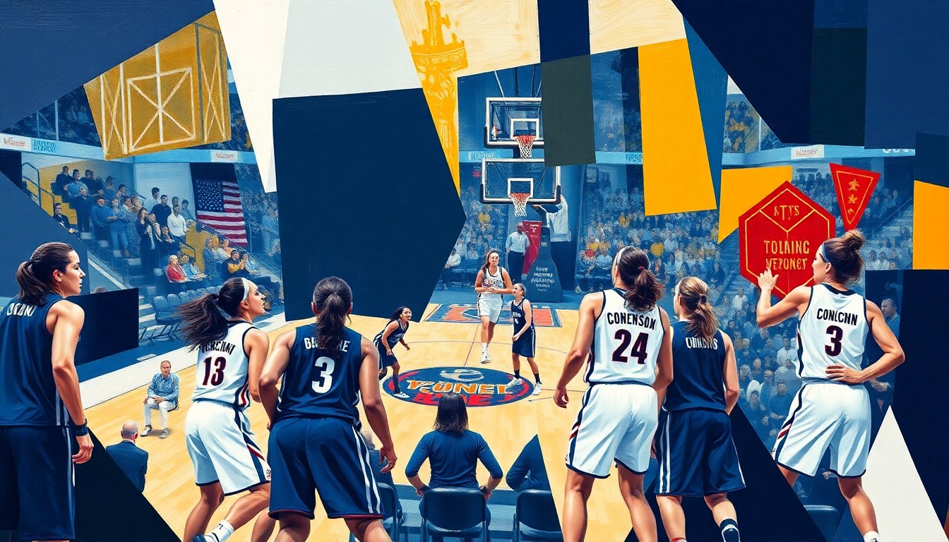 A cubist, geometric painting depicting a women's basketball game, with sharp, overlapping planes of navy blue and white colors representing the UConn team uniforms.