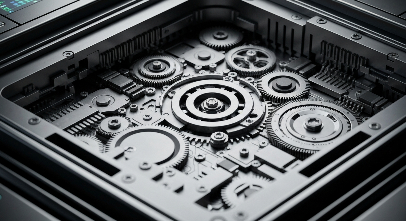 An extreme close-up of the complex inner mechanisms of a banking terminal, with gears, circuits, and metallic components filling the frame, conceptually representing the technological sophistication of modern digital banking.