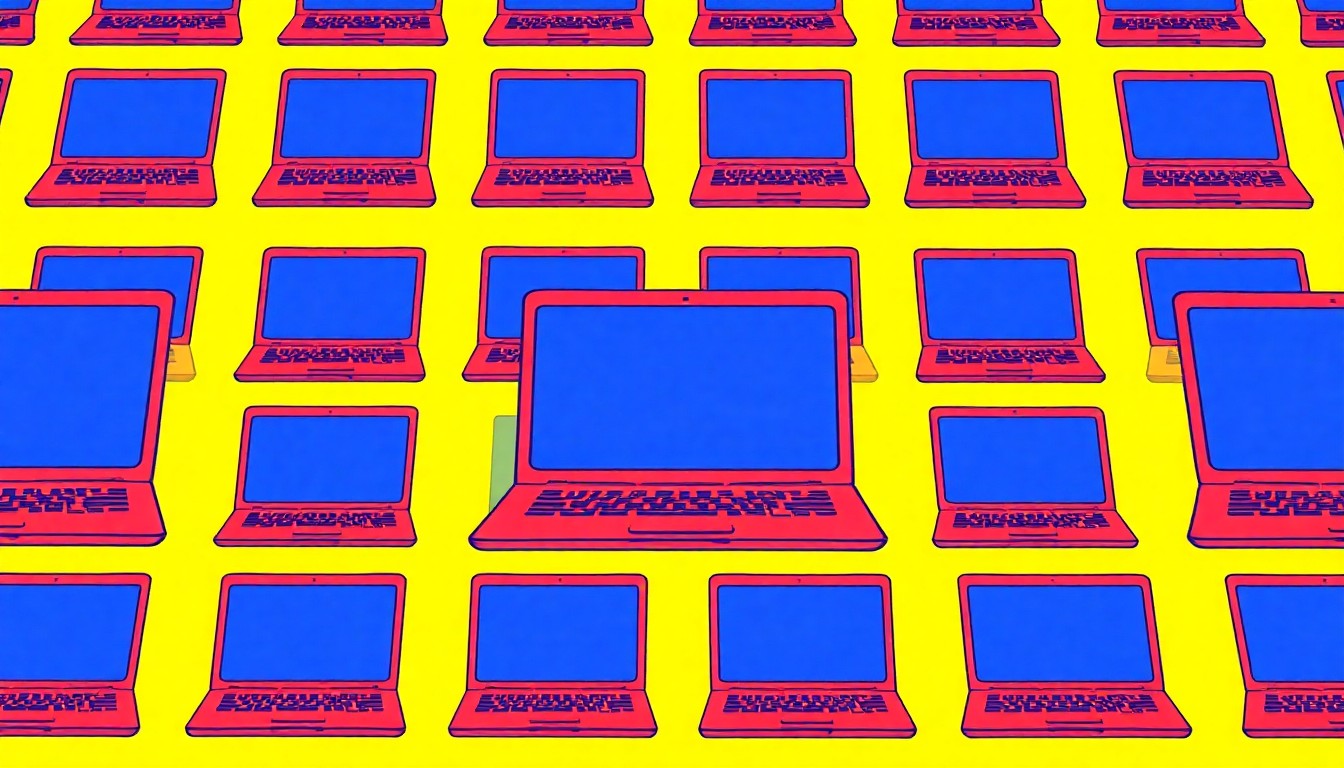 A repeating grid pattern of a stylized laptop computer icon in bright, neon-like colors, conveying the technology-focused nature of the STEM program.